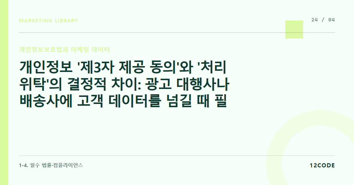 12code 라이브러리 아티클 표지. 개인정보 '제3자 제공 동의'와 '처리 위탁'의 결정적 차이: 광고 대행사나 배송사에 고객 데이터를 넘길 때 필요한 서식