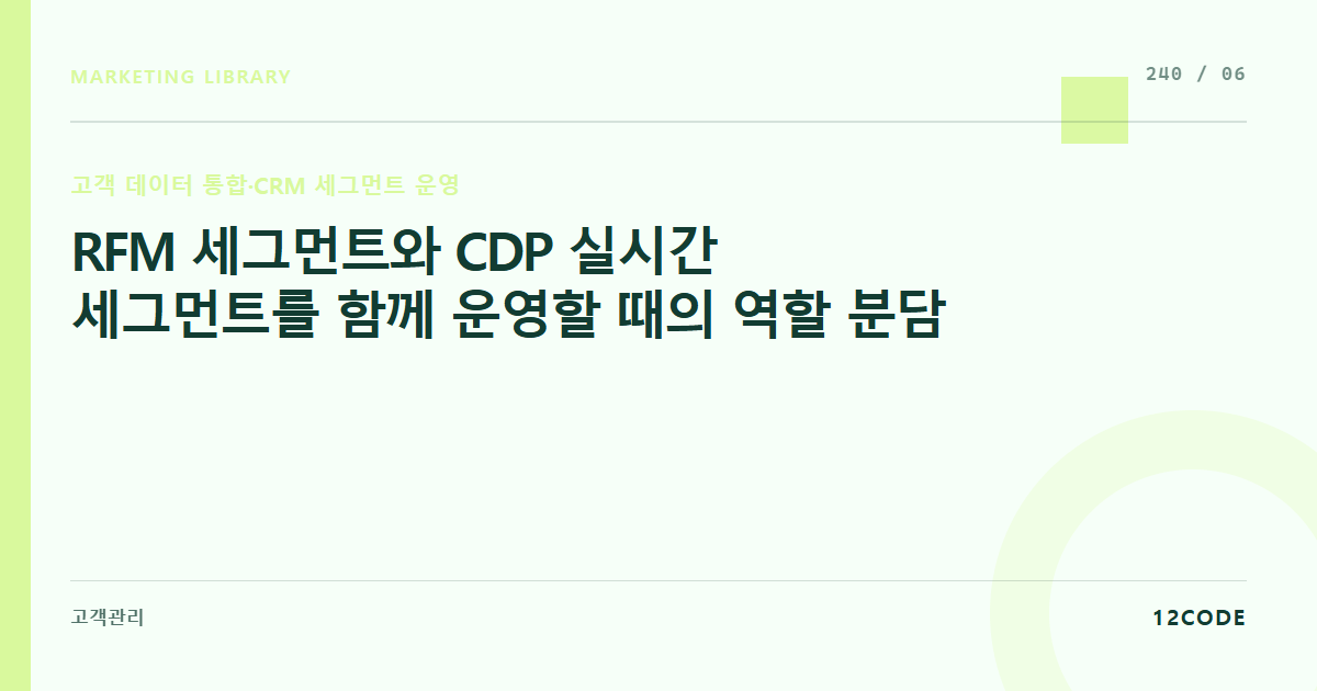 12code 라이브러리 아티클 표지. RFM 세그먼트와 CDP 실시간 세그먼트를 함께 운영할 때의 역할 분담