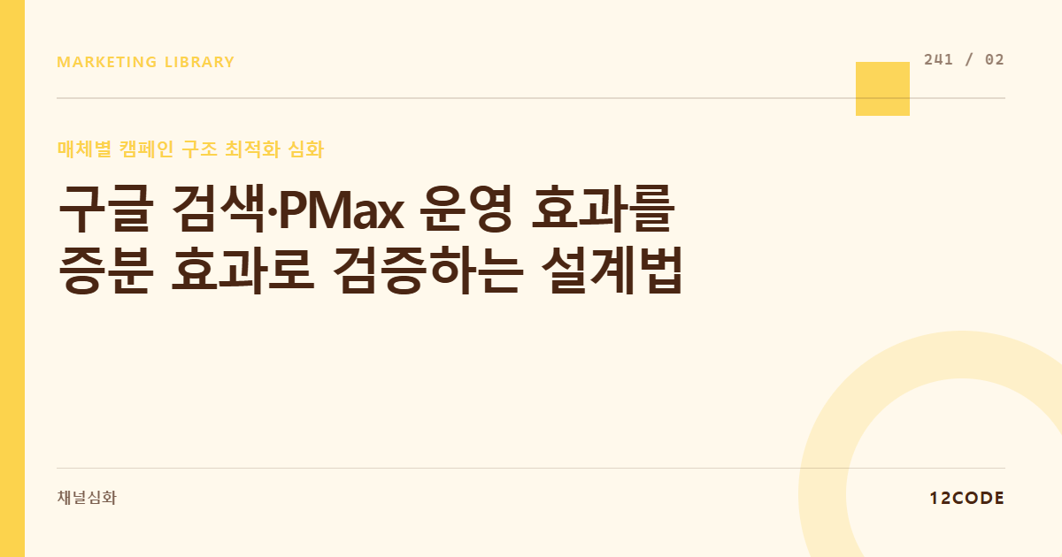 12code 라이브러리 아티클 표지. 구글 검색·PMax 운영 효과를 증분 효과로 검증하는 설계법