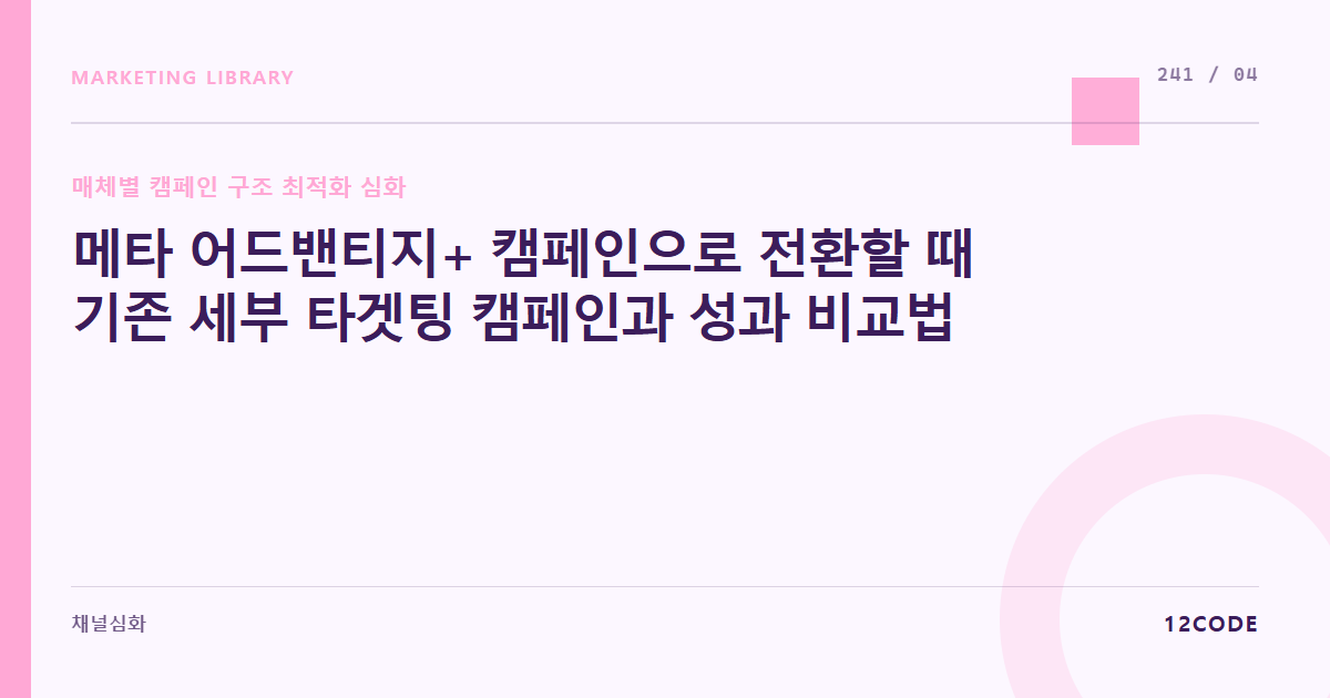 12code 라이브러리 아티클 표지. 메타 어드밴티지+ 캠페인으로 전환할 때 기존 세부 타겟팅 캠페인과 성과 비교법