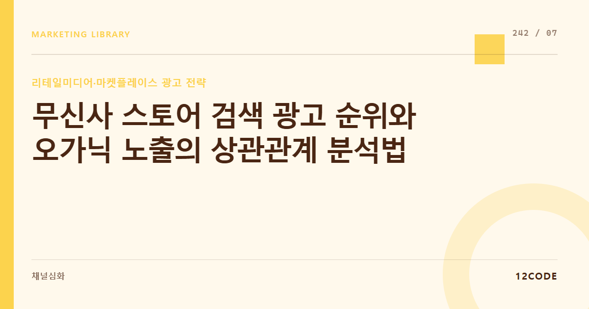 12code 라이브러리 아티클 표지. 무신사 스토어 검색 광고 순위와 오가닉 노출의 상관관계 분석법