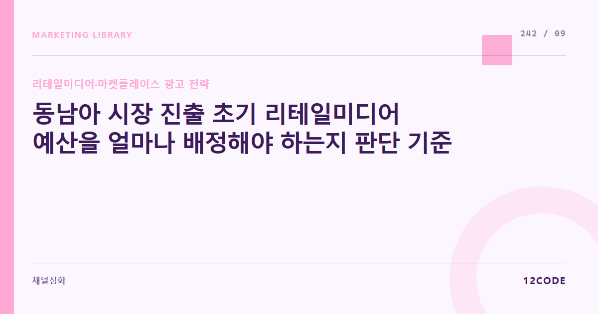 12code 라이브러리 아티클 표지. 동남아 시장 진출 초기 리테일미디어 예산을 얼마나 배정해야 하는지 판단 기준
