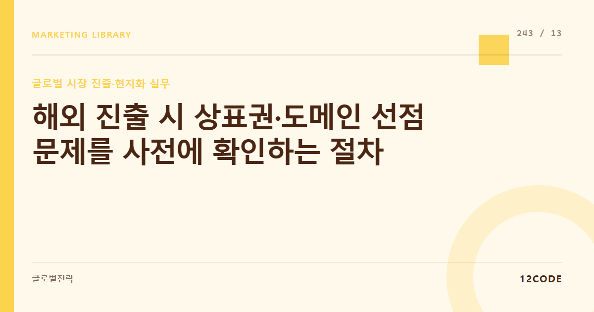 12code 라이브러리 아티클 표지. 해외 진출 시 상표권·도메인 선점 문제를 사전에 확인하는 절차