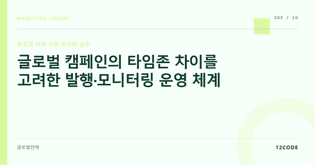 12code 라이브러리 아티클 표지. 글로벌 캠페인의 타임존 차이를 고려한 발행·모니터링 운영 체계