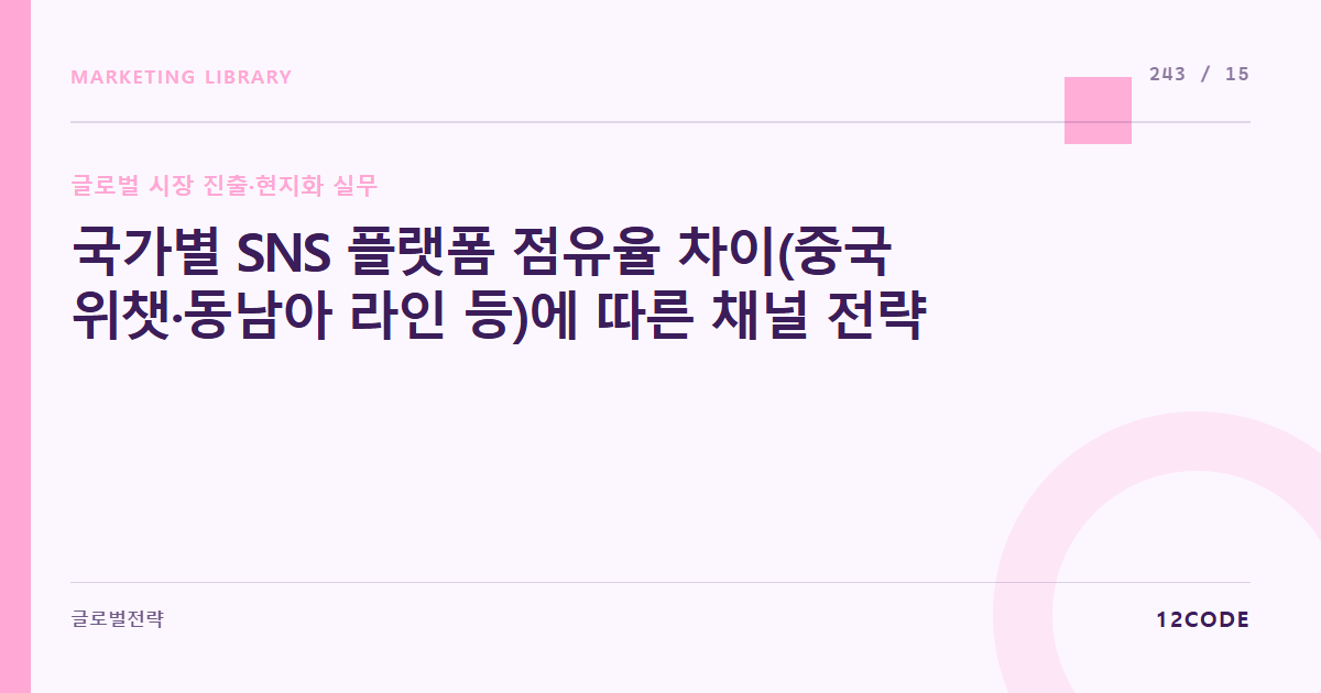 12code 라이브러리 아티클 표지. 국가별 SNS 플랫폼 점유율 차이(중국 위챗·동남아 라인 등)에 따른 채널 전략