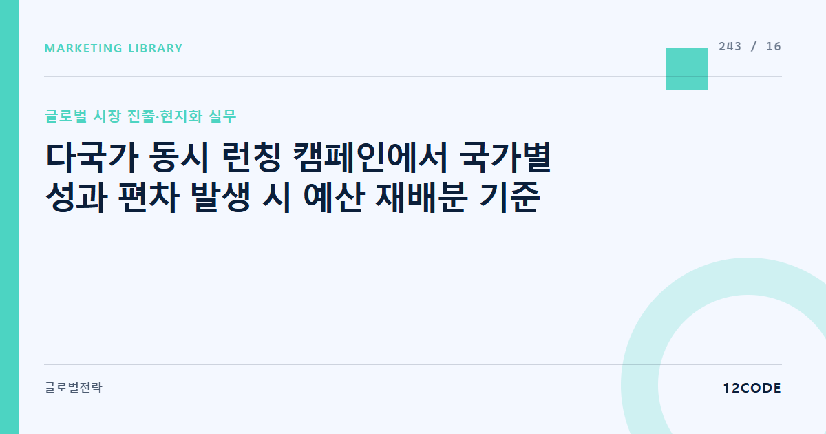 12code 라이브러리 아티클 표지. 다국가 동시 런칭 캠페인에서 국가별 성과 편차 발생 시 예산 재배분 기준
