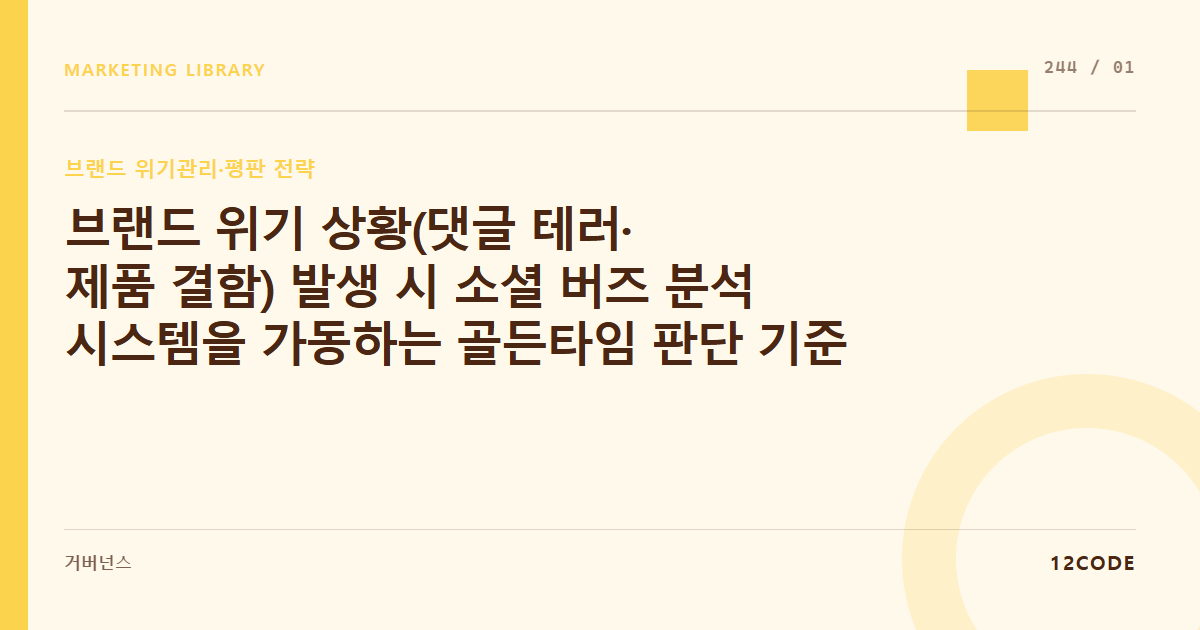12code 라이브러리 아티클 표지. 브랜드 위기 상황(댓글 테러·제품 결함) 발생 시 소셜 버즈 분석 시스템을 가동하는 골든타임 판단 기준