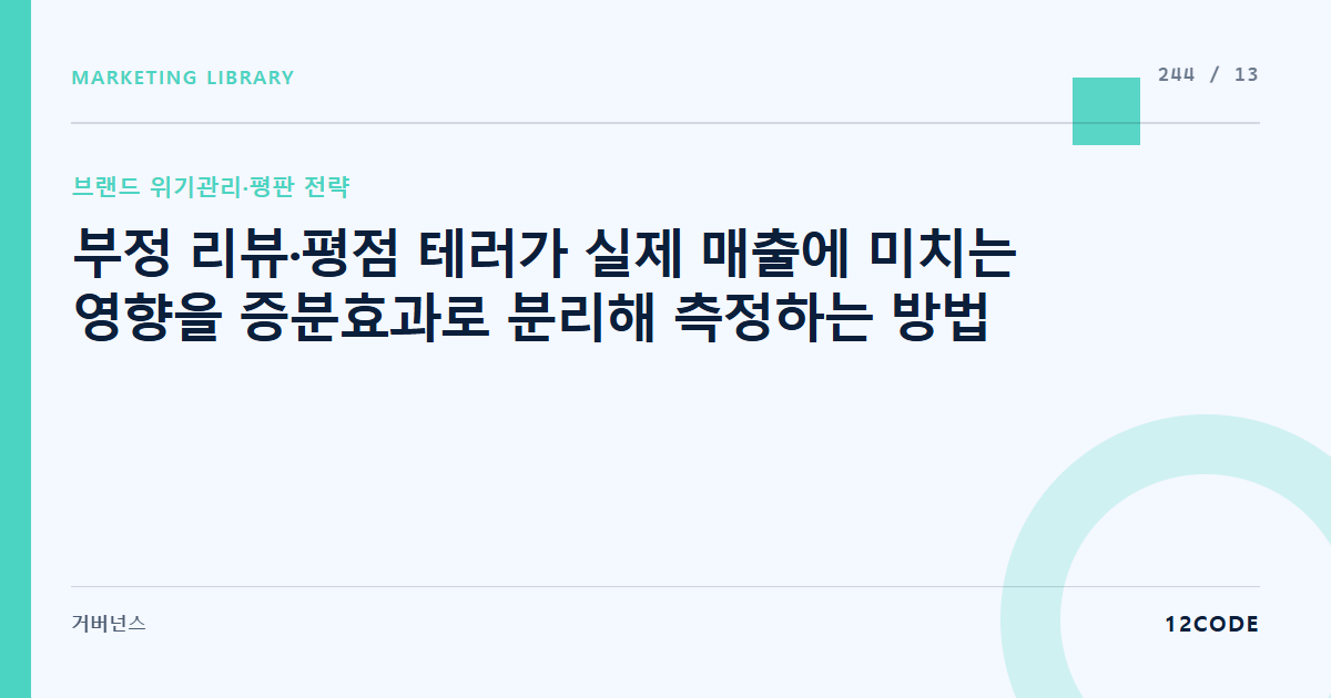 12code 라이브러리 아티클 표지. 부정 리뷰·평점 테러가 실제 매출에 미치는 영향을 증분효과로 분리해 측정하는 방법