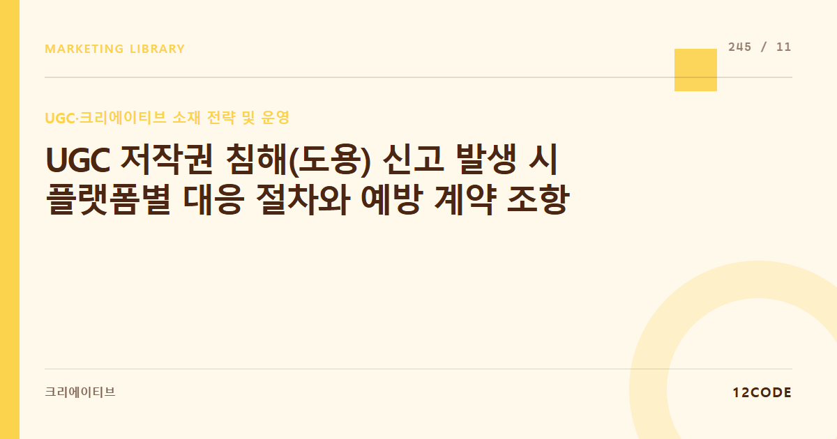 12code 라이브러리 아티클 표지. UGC 저작권 침해(도용) 신고 발생 시 플랫폼별 대응 절차와 예방 계약 조항