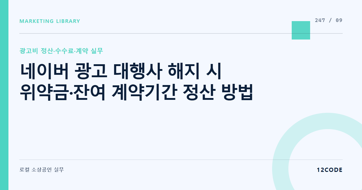 12code 라이브러리 아티클 표지. 네이버 광고 대행사 해지 시 위약금·잔여 계약기간 정산 방법