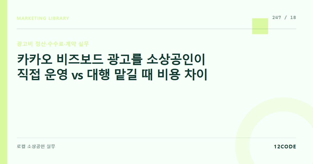 12code 라이브러리 아티클 표지. 카카오 비즈보드 광고를 소상공인이 직접 운영 vs 대행 맡길 때 비용 차이