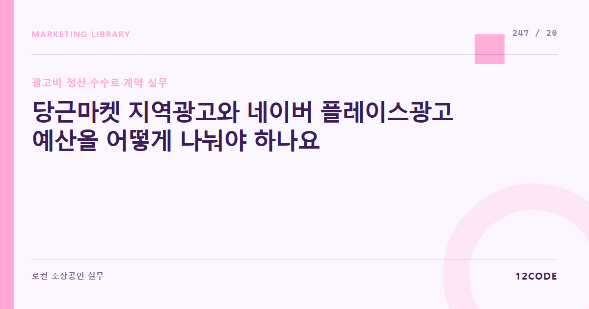 12code 라이브러리 아티클 표지. 당근마켓 지역광고와 네이버 플레이스광고 예산을 어떻게 나눠야 하나요