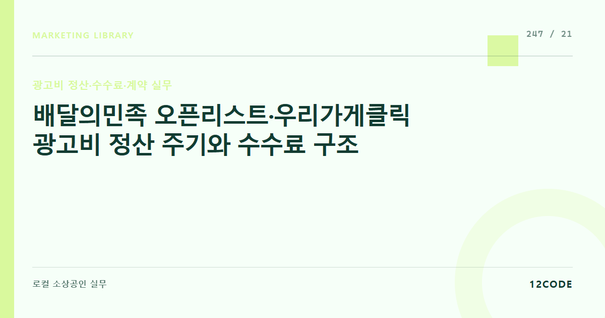 12code 라이브러리 아티클 표지. 배달의민족 오픈리스트·우리가게클릭 광고비 정산 주기와 수수료 구조