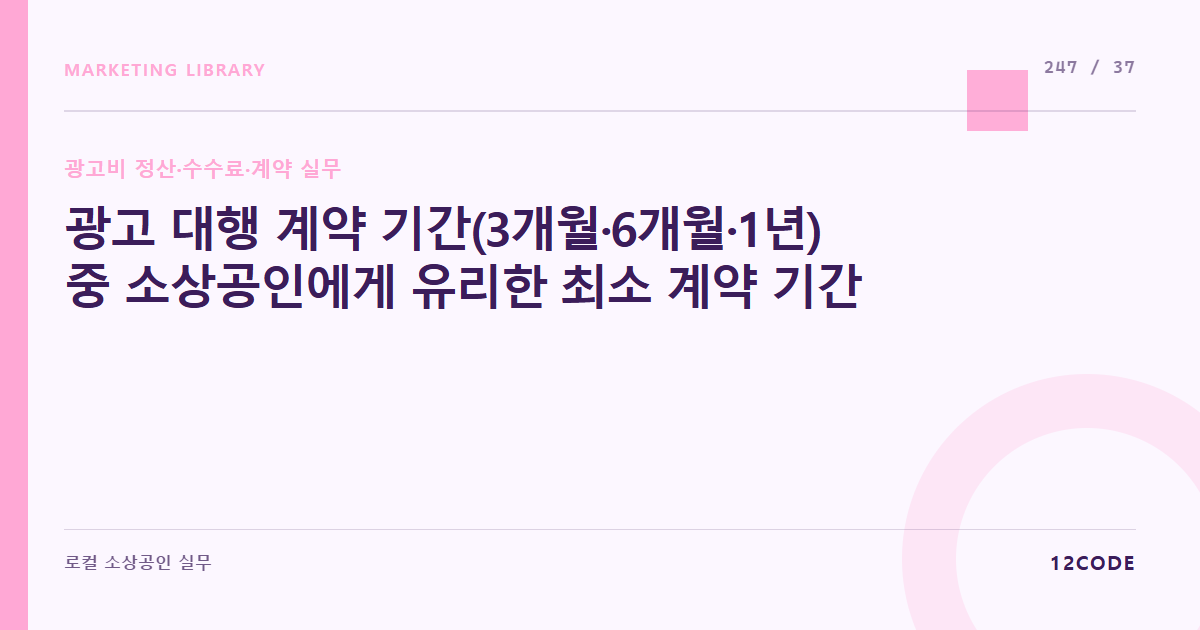 12code 라이브러리 아티클 표지. 광고 대행 계약 기간(3개월·6개월·1년) 중 소상공인에게 유리한 최소 계약 기간