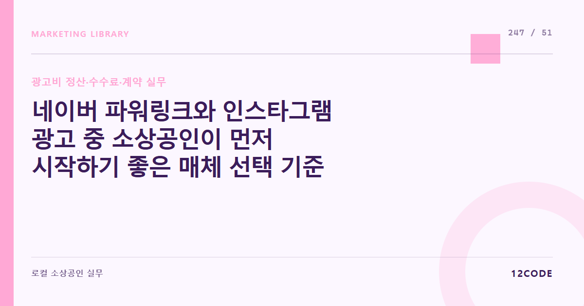12code 라이브러리 아티클 표지. 네이버 파워링크와 인스타그램 광고 중 소상공인이 먼저 시작하기 좋은 매체 선택 기준