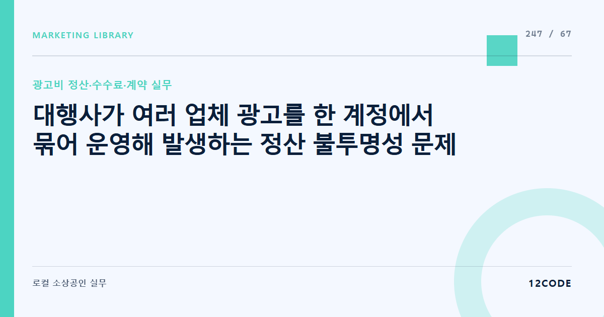12code 라이브러리 아티클 표지. 대행사가 여러 업체 광고를 한 계정에서 묶어 운영해 발생하는 정산 불투명성 문제