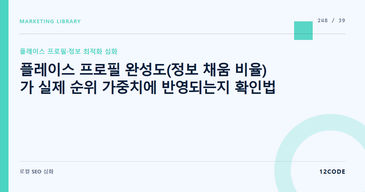 12code 라이브러리 아티클 표지. 플레이스 프로필 완성도(정보 채움 비율)가 실제 순위 가중치에 반영되는지 확인법