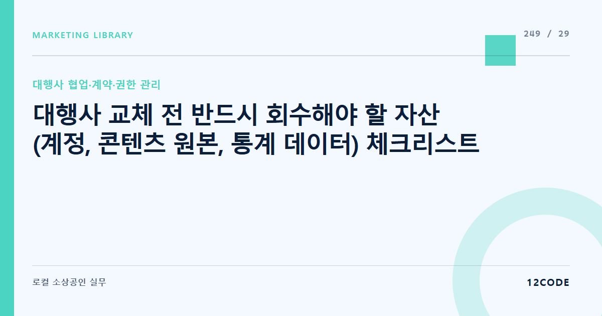 12code 라이브러리 아티클 표지. 대행사 교체 전 반드시 회수해야 할 자산(계정, 콘텐츠 원본, 통계 데이터) 체크리스트
