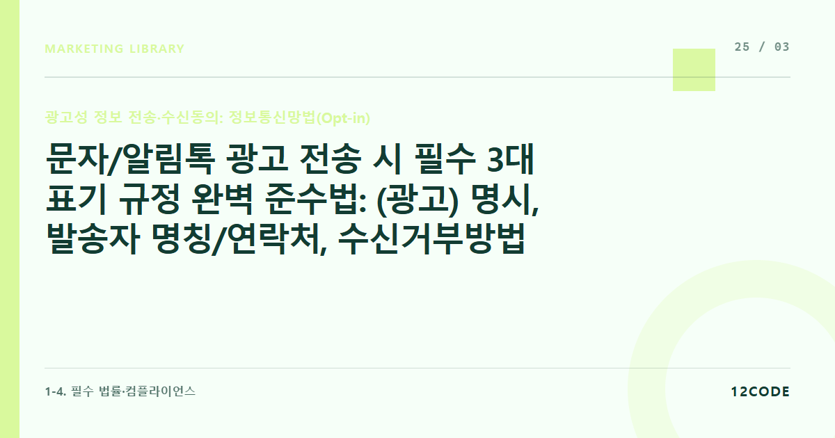 12code 라이브러리 아티클 표지. 문자/알림톡 광고 전송 시 필수 3대 표기 규정 완벽 준수법: (광고) 명시, 발송자 명칭/연락처, 수신거부방법 배치 규칙