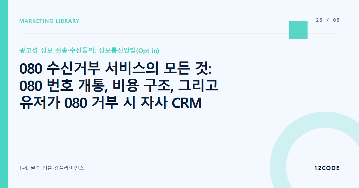 12code 라이브러리 아티클 표지. 080 수신거부 서비스의 모든 것: 080 번호 개통, 비용 구조, 그리고 유저가 080 거부 시 자사 CRM 시스템 자동 연동 구축법