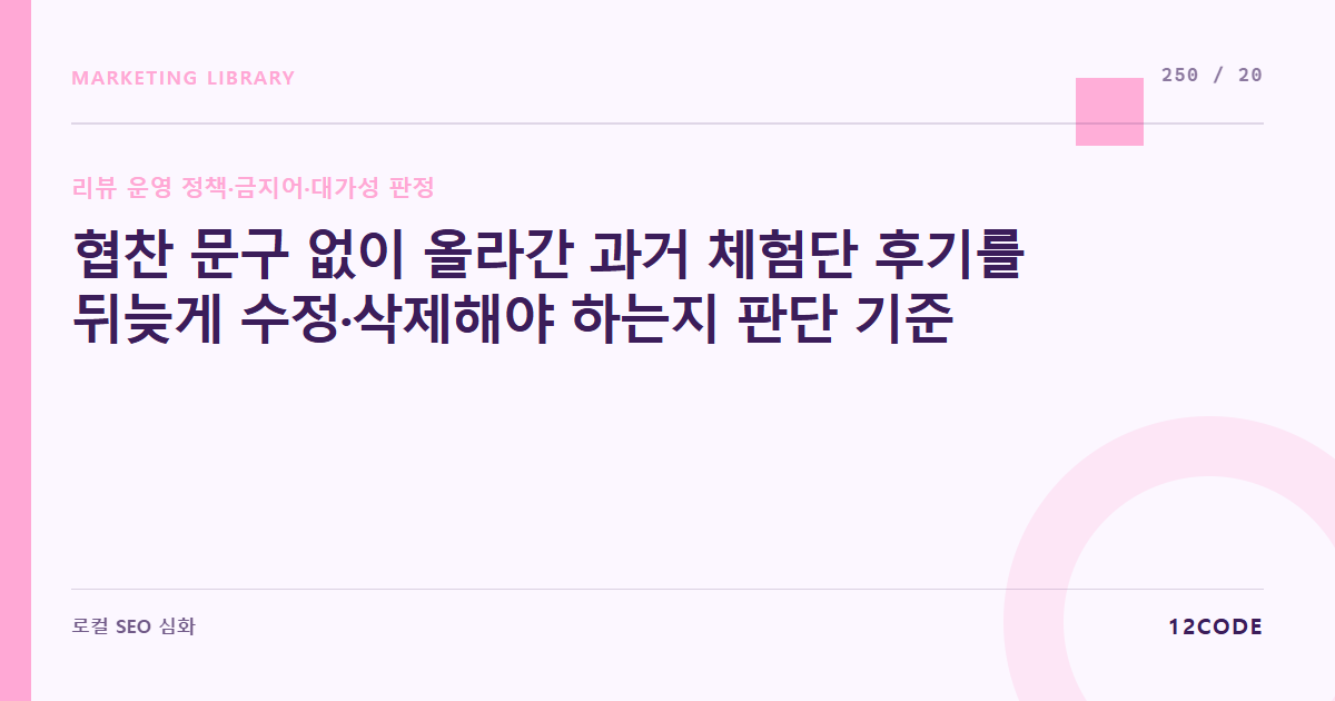 12code 라이브러리 아티클 표지. 협찬 문구 없이 올라간 과거 체험단 후기를 뒤늦게 수정·삭제해야 하는지 판단 기준
