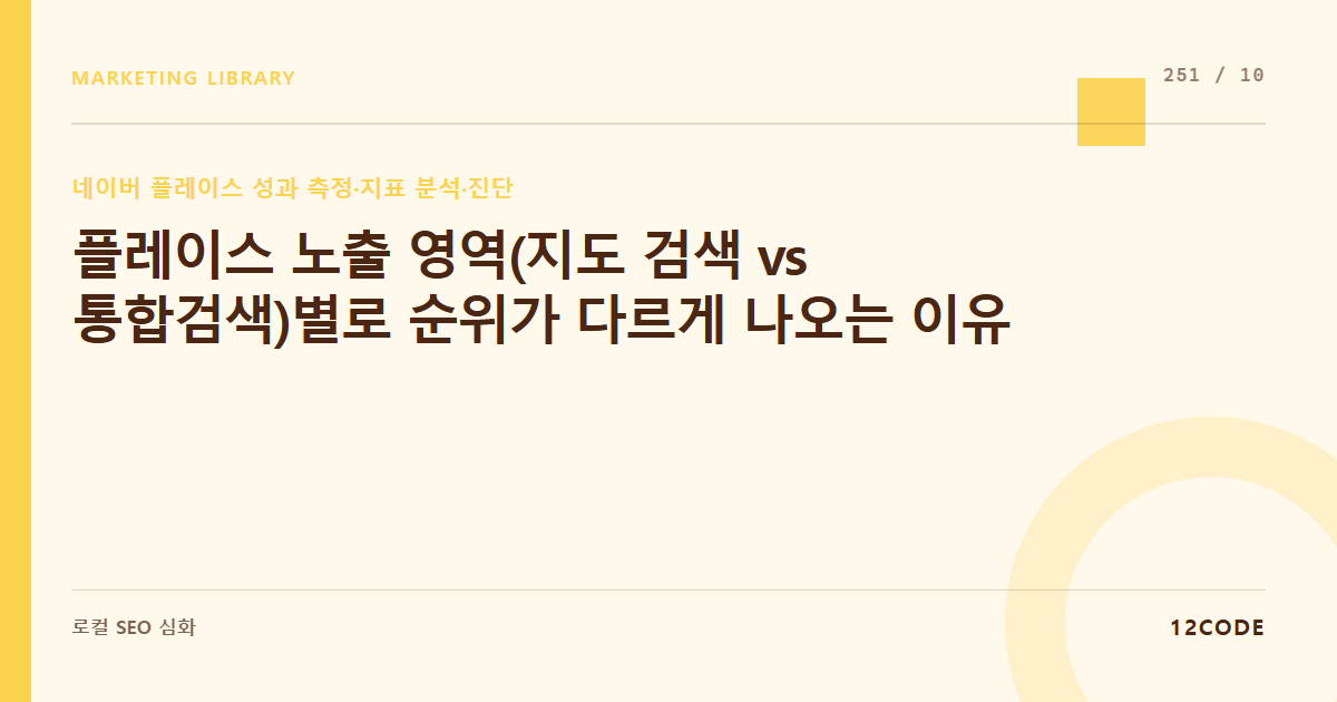 12code 라이브러리 아티클 표지. 플레이스 노출 영역(지도 검색 vs 통합검색)별로 순위가 다르게 나오는 이유