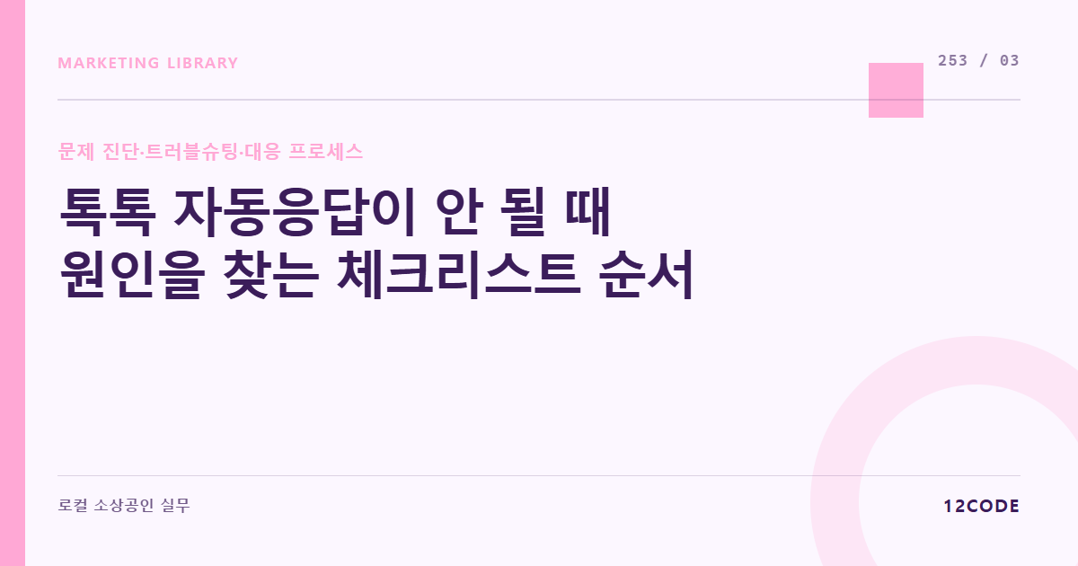 12code 라이브러리 아티클 표지. 톡톡 자동응답이 안 될 때 원인을 찾는 체크리스트 순서