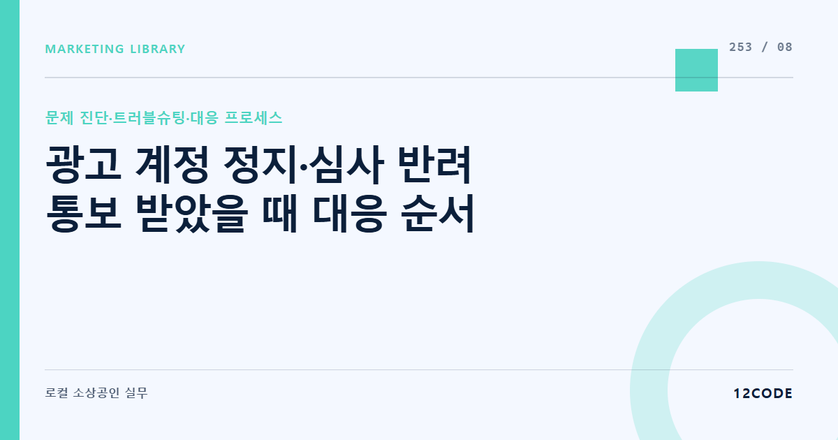 12code 라이브러리 아티클 표지. 광고 계정 정지·심사 반려 통보 받았을 때 대응 순서
