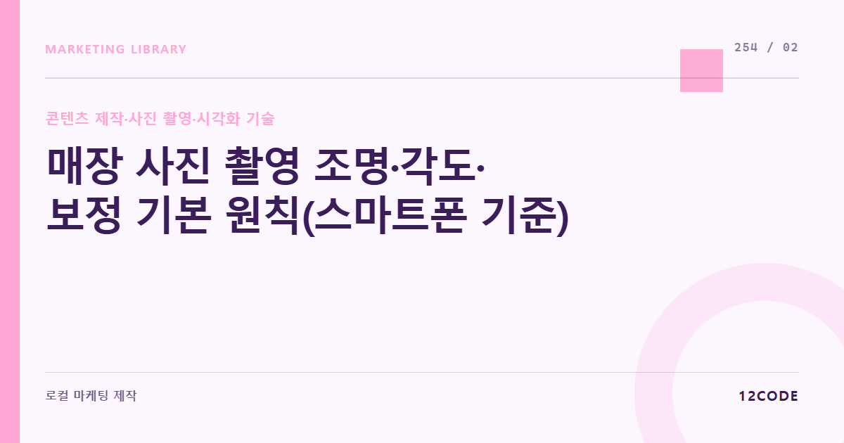 12code 라이브러리 아티클 표지. 매장 사진 촬영 조명·각도·보정 기본 원칙(스마트폰 기준)