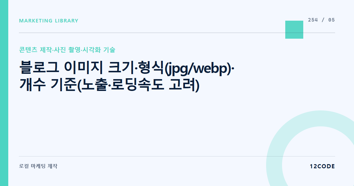12code 라이브러리 아티클 표지. 블로그 이미지 크기·형식(jpg/webp)·개수 기준(노출·로딩속도 고려)