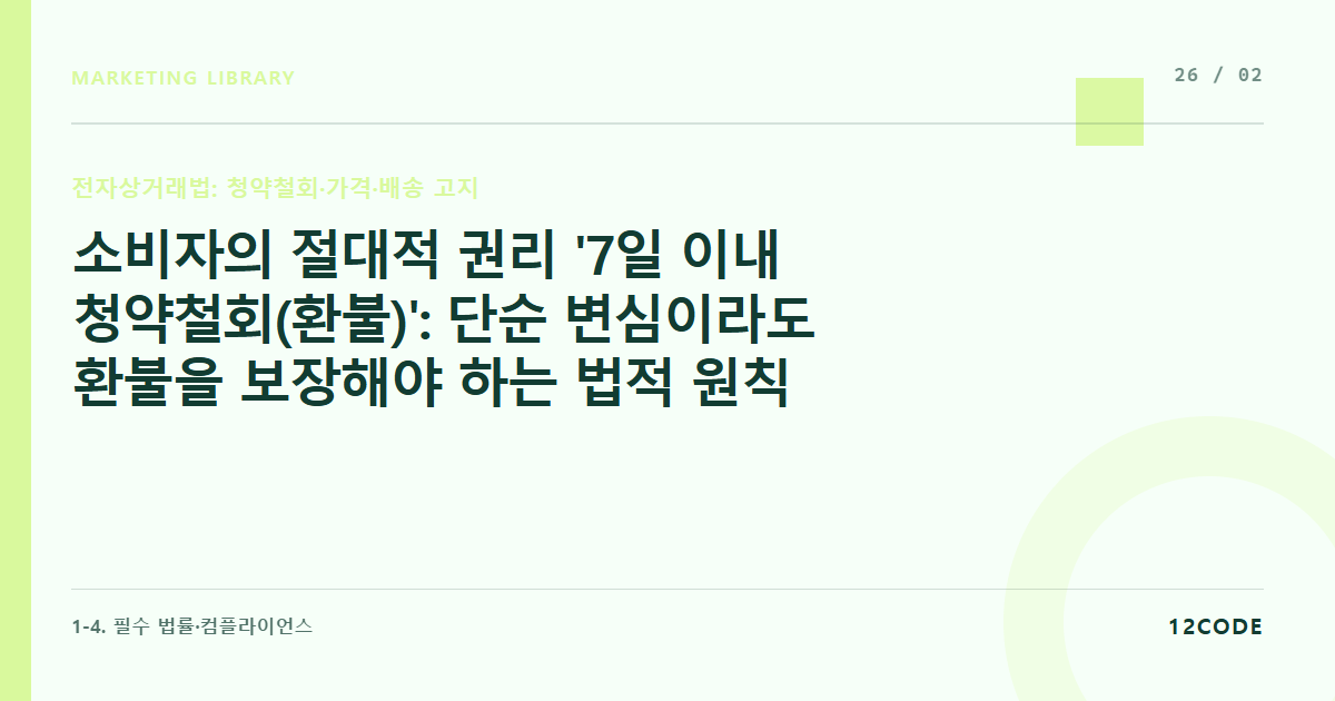 12code 라이브러리 아티클 표지. 소비자의 절대적 권리 '7일 이내 청약철회(환불)': 단순 변심이라도 환불을 보장해야 하는 법적 원칙