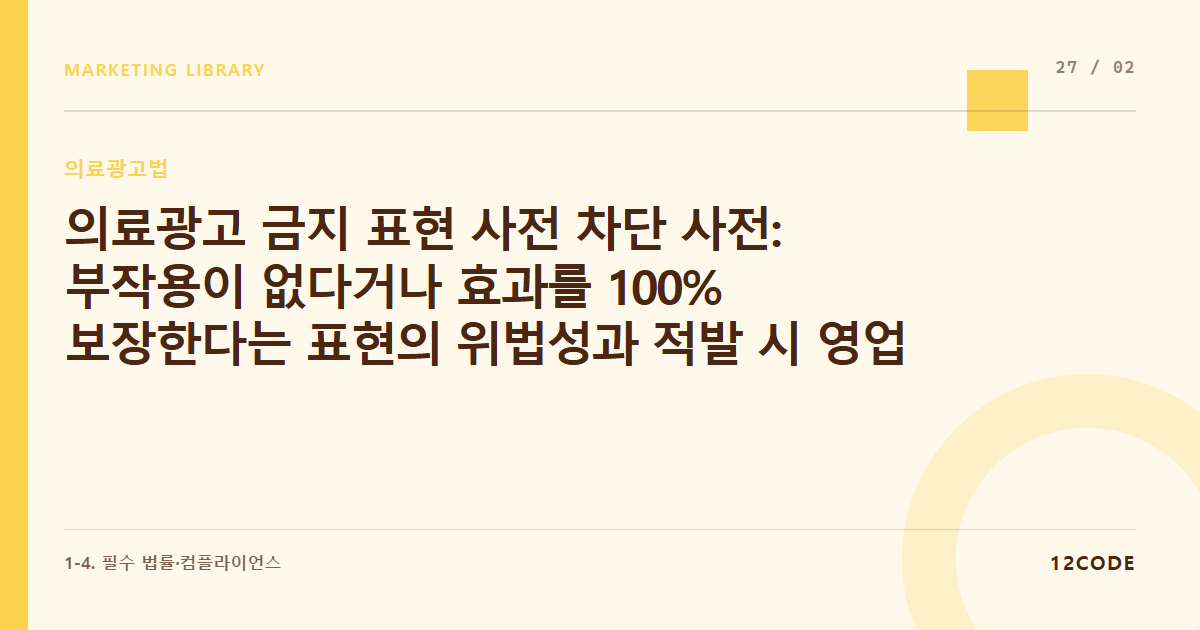12code 라이브러리 아티클 표지. 의료광고 금지 표현 사전 차단 사전: 부작용이 없다거나 효과를 100% 보장한다는 표현의 위법성과 적발 시 영업정지 리스크