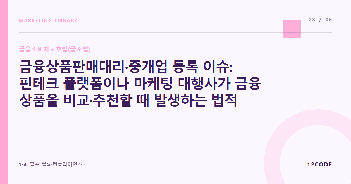 12code 라이브러리 아티클 표지. 금융상품판매대리·중개업 등록 이슈: 핀테크 플랫폼이나 마케팅 대행사가 금융 상품을 비교·추천할 때 발생하는 법적 자격 요건