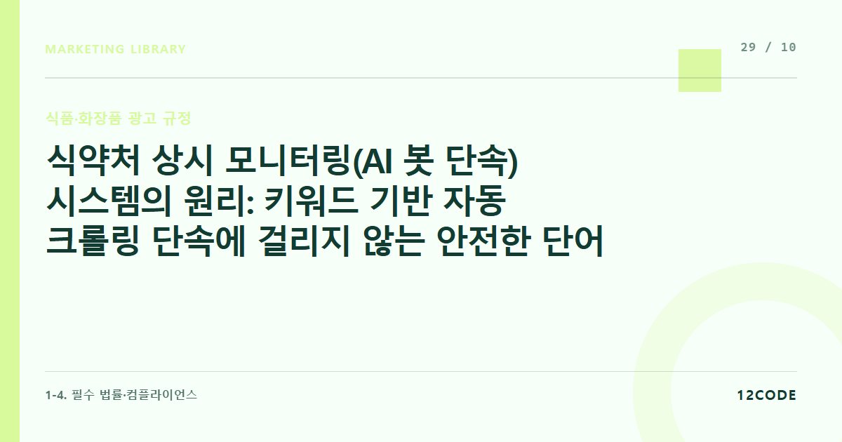 12code 라이브러리 아티클 표지. 식약처 상시 모니터링(AI 봇 단속) 시스템의 원리: 키워드 기반 자동 크롤링 단속에 걸리지 않는 안전한 단어 교체 매뉴얼