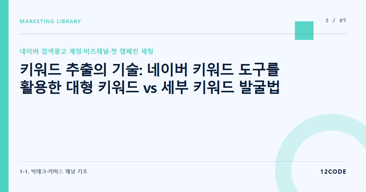 12code 라이브러리 아티클 표지. 키워드 추출의 기술: 네이버 키워드 도구를 활용한 대형 키워드 vs 세부 키워드 발굴법