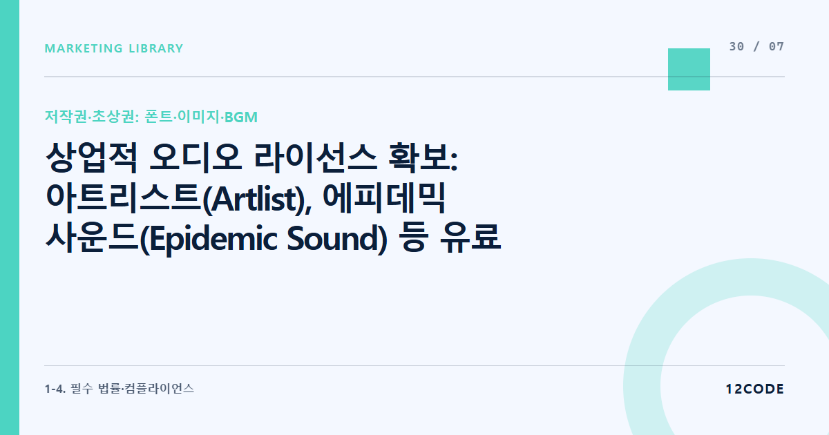 12code 라이브러리 아티클 표지. 상업적 오디오 라이선스 확보: 아트리스트(Artlist), 에피데믹 사운드(Epidemic Sound) 등 유료 구독 음원의 기업 라이선스 범위와 매칭