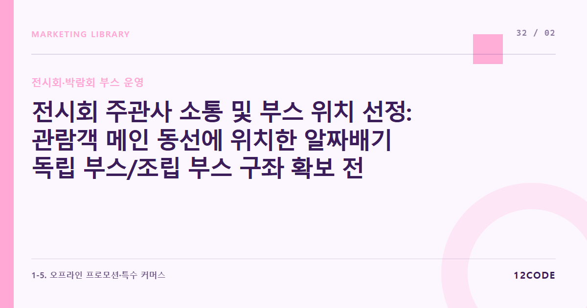 12code 라이브러리 아티클 표지. 전시회 주관사 소통 및 부스 위치 선정: 관람객 메인 동선에 위치한 알짜배기 독립 부스/조립 부스 구좌 확보 전략