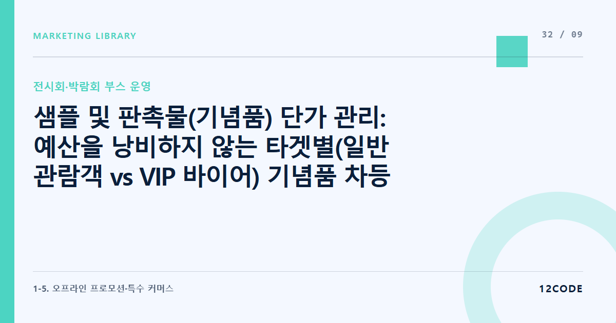 12code 라이브러리 아티클 표지. 샘플 및 판촉물(기념품) 단가 관리: 예산을 낭비하지 않는 타겟별(일반 관람객 vs VIP 바이어) 기념품 차등 지급 기준