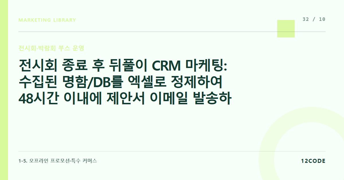 12code 라이브러리 아티클 표지. 전시회 종료 후 뒤풀이 CRM 마케팅: 수집된 명함/DB를 엑셀로 정제하여 48시간 이내에 제안서 이메일 발송하는 룰