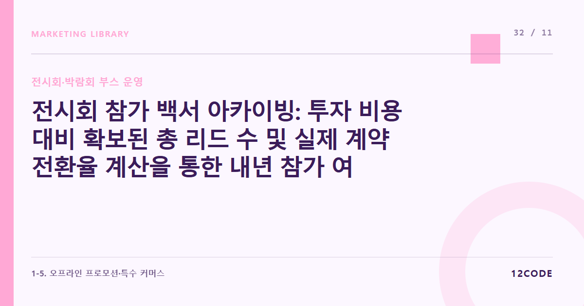 12code 라이브러리 아티클 표지. 전시회 참가 백서 아카이빙: 투자 비용 대비 확보된 총 리드 수 및 실제 계약 전환율 계산을 통한 내년 참가 여부 평가