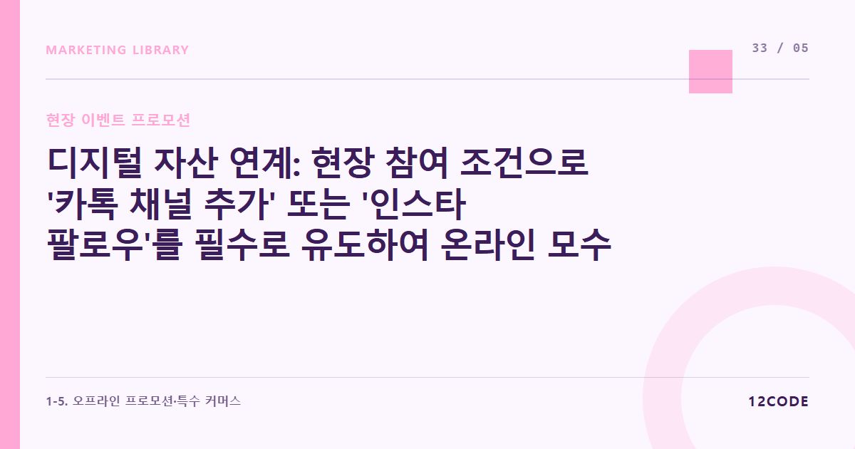 12code 라이브러리 아티클 표지. 디지털 자산 연계: 현장 참여 조건으로 '카톡 채널 추가' 또는 '인스타 팔로우'를 필수로 유도하여 온라인 모수 복사하기