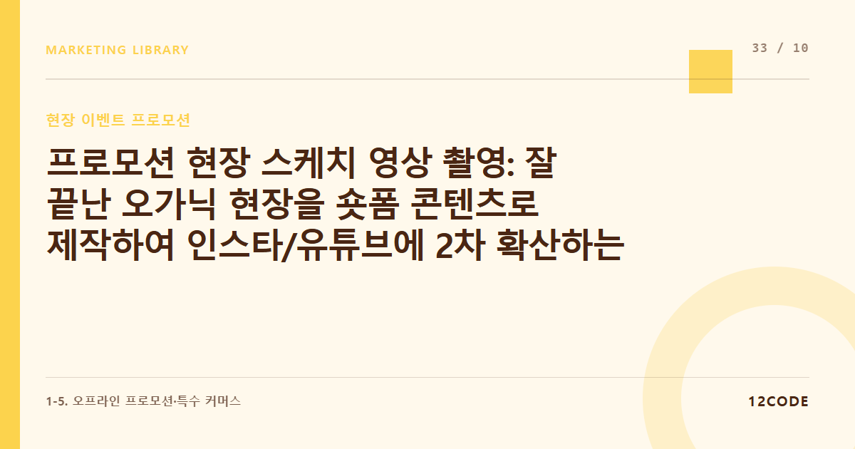 12code 라이브러리 아티클 표지. 프로모션 현장 스케치 영상 촬영: 잘 끝난 오가닉 현장을 숏폼 콘텐츠로 제작하여 인스타/유튜브에 2차 확산하는 팁