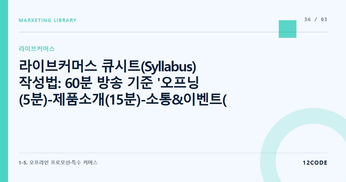 12code 라이브러리 아티클 표지. 라이브커머스 큐시트(Syllabus) 작성법: 60분 방송 기준 '오프닝(5분)-제품소개(15분)-소통&이벤트(10분)-소구점반복(25분)-클로징' 배분