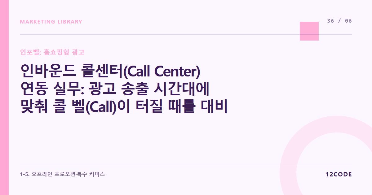 12code 라이브러리 아티클 표지. 인바운드 콜센터(Call Center) 연동 실무: 광고 송출 시간대에 맞춰 콜 벨(Call)이 터질 때를 대비한 전용 회선 및 상담원 배치 예약