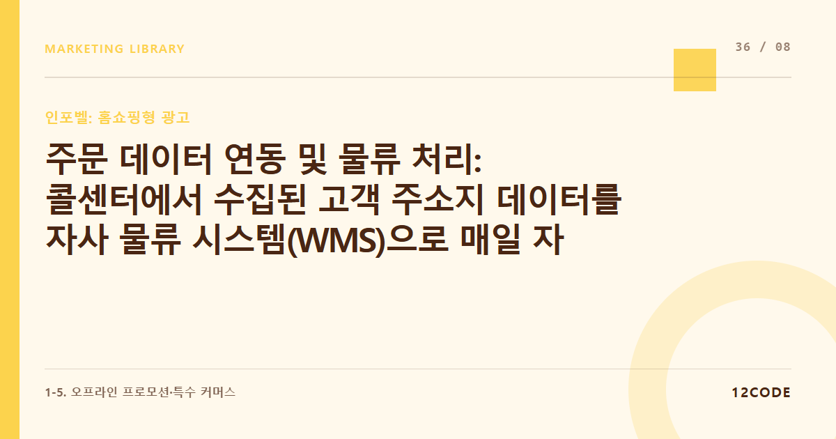 12code 라이브러리 아티클 표지. 주문 데이터 연동 및 물류 처리: 콜센터에서 수집된 고객 주소지 데이터를 자사 물류 시스템(WMS)으로 매일 자동 이관하는 법
