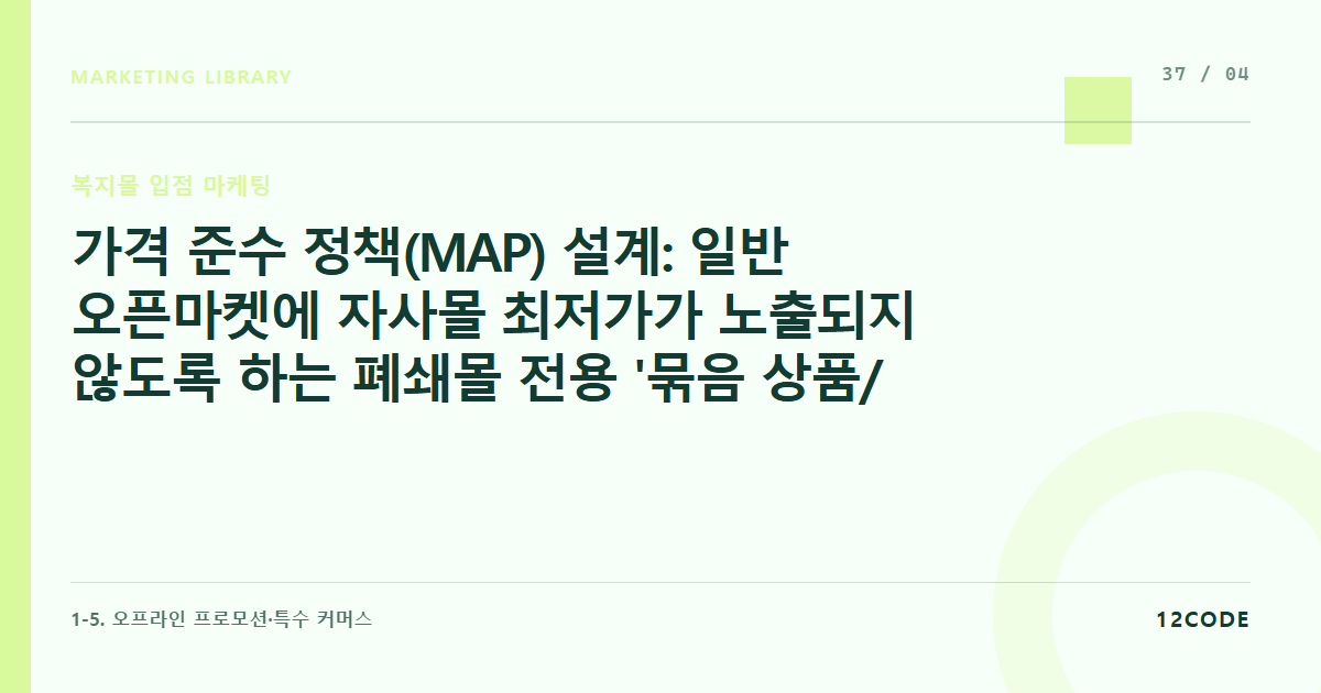 12code 라이브러리 아티클 표지. 가격 준수 정책(MAP) 설계: 일반 오픈마켓에 자사몰 최저가가 노출되지 않도록 하는 폐쇄몰 전용 '묶음 상품/단독 구성' 전략