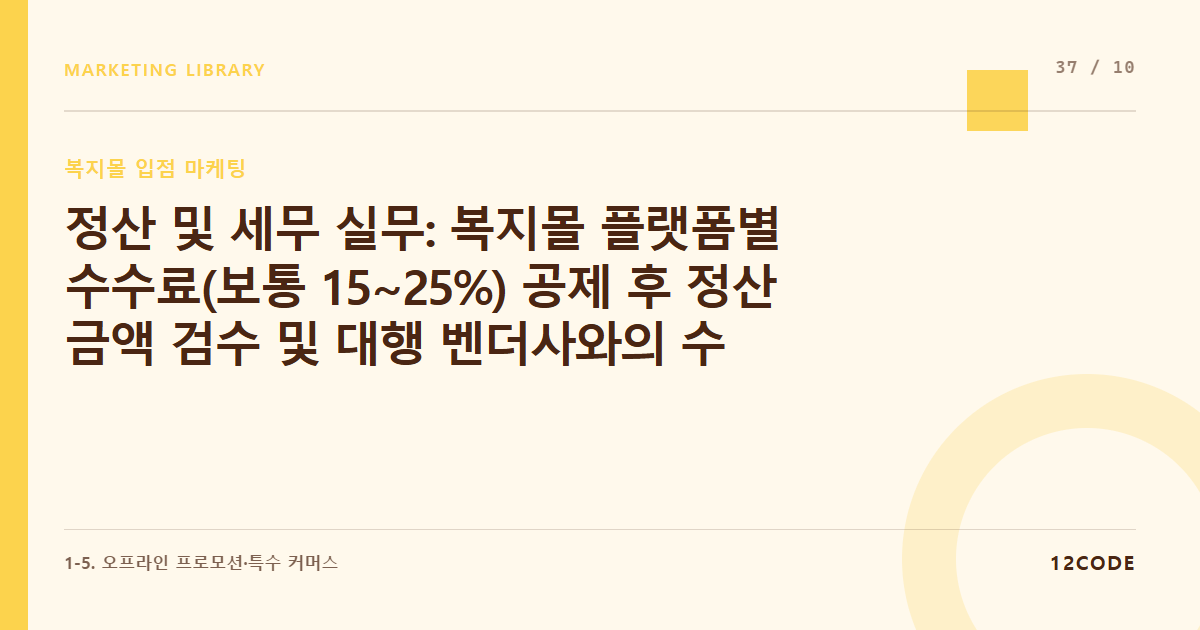 12code 라이브러리 아티클 표지. 정산 및 세무 실무: 복지몰 플랫폼별 수수료(보통 15~25%) 공제 후 정산 금액 검수 및 대행 벤더사와의 수수료 정산서 발행