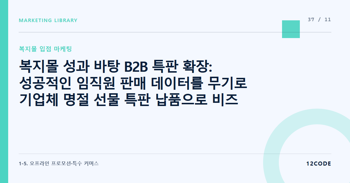 12code 라이브러리 아티클 표지. 복지몰 성과 바탕 B2B 특판 확장: 성공적인 임직원 판매 데이터를 무기로 기업체 명절 선물 특판 납품으로 비즈니스 키우기
