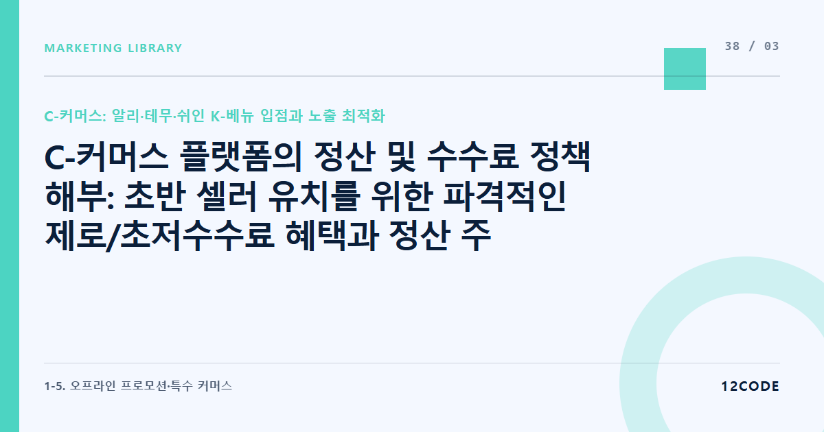 12code 라이브러리 아티클 표지. C-커머스 플랫폼의 정산 및 수수료 정책 해부: 초반 셀러 유치를 위한 파격적인 제로/초저수수료 혜택과 정산 주기 체크