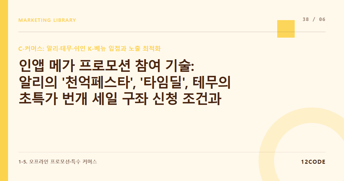 12code 라이브러리 아티클 표지. 인앱 메가 프로모션 참여 기술: 알리의 '천억페스타', '타임딜', 테무의 초특가 번개 세일 구좌 신청 조건과 가격 세팅 노하우